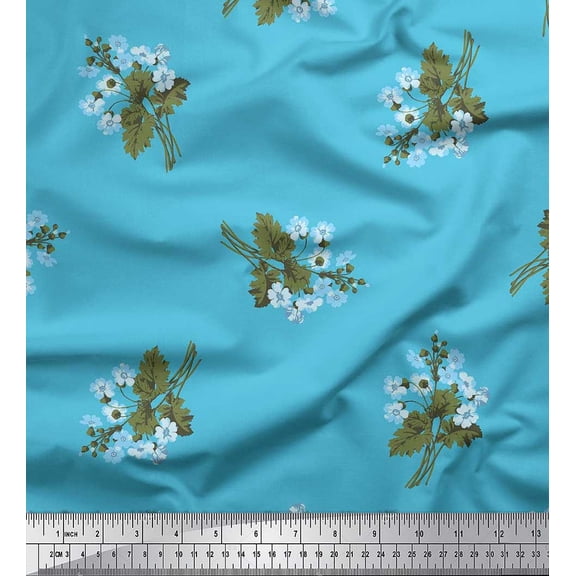Soimoi Blue Cotton Duck Fabric Leaves & Flower Print Sewing Fabric BTY 42 Inch Wide