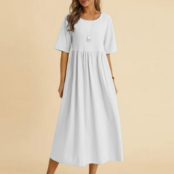 Munlar Women's Ruffle Midi Dress White Pleated Loose Long Dress Short Sleeve Summer Casual Sundress