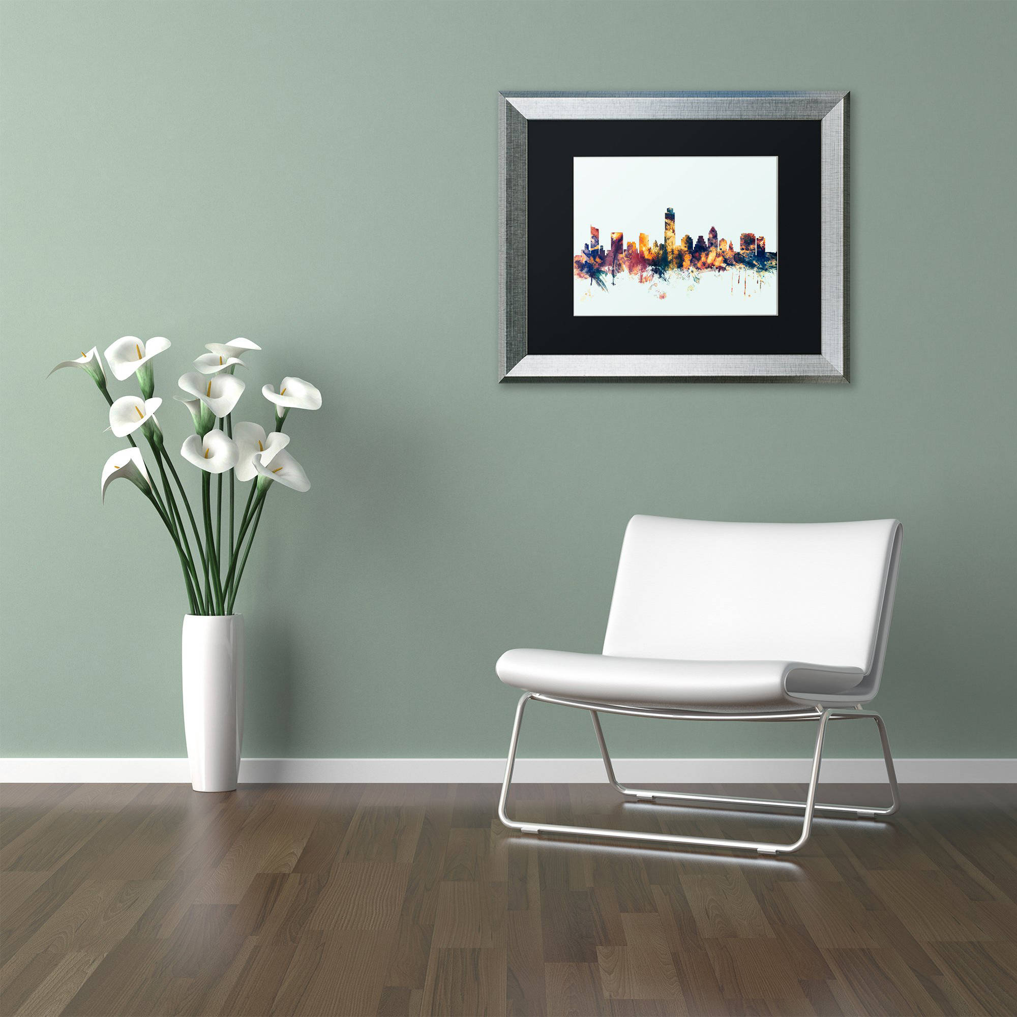 Trademark Fine Art "Austin Texas Skyline Blue" Canvas Art by Michael Tompsett, Black Matte, Silver Frame