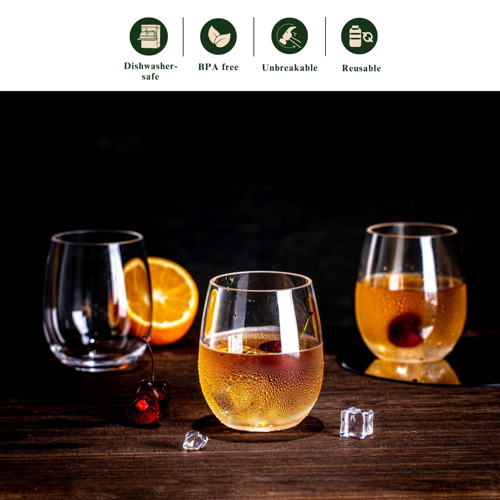 MIYOPESI 18oz Clear Stemless Wines Glasses (Set of 6), Shatter-Proof Bar Glasses, BPA-Free, Dishwasher-Safe