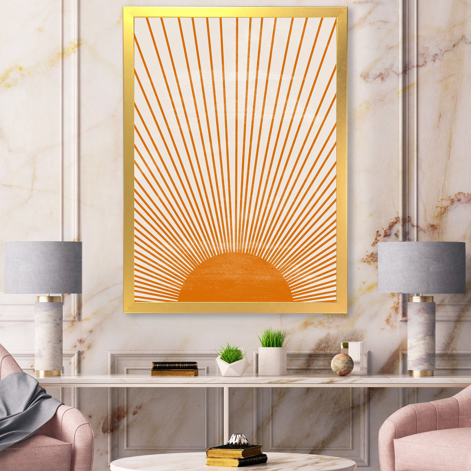 Designart 'Orange Sun Print On Beige III' Modern Framed Art Print