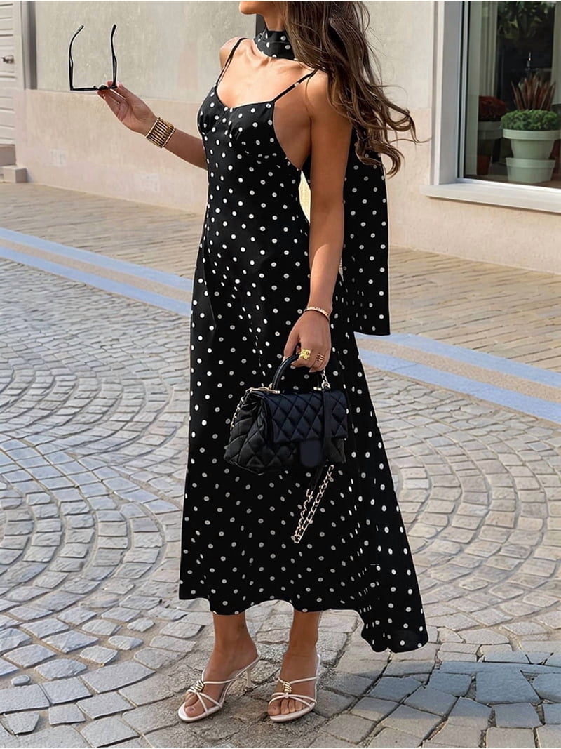 Womens French Retro Polka Dot Halter Neck Sleeveless Maxi Dress Vintage Summer Elegant Beach Gown