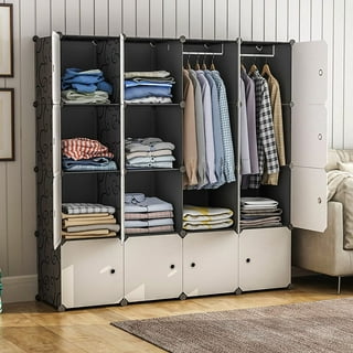 Portable Closet Clothes Wardrobe Plastic Bedroom Armoire 14x20 Depth Cube Storage Organizer with Hanging Rod and Doors15 Cubes, White (Door Accessori