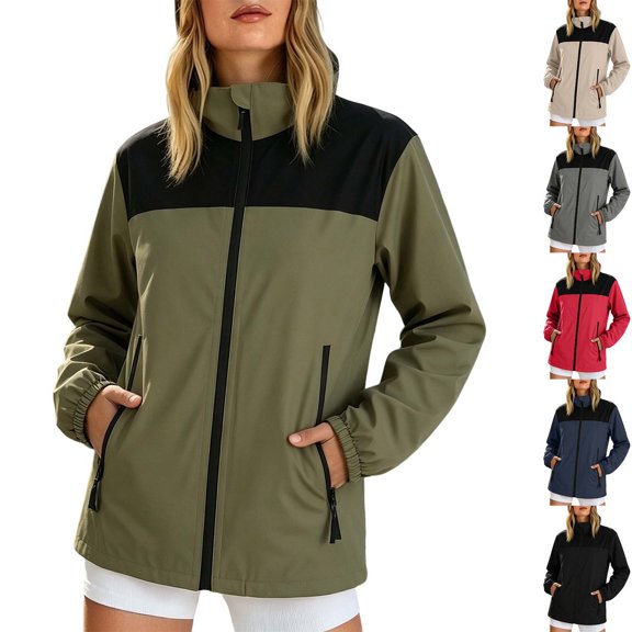 DYTTDG Women's Windbreaker Jacket, Zip Up Waterproof Lightweight Outdoor Coat with Zip Pockets, Hooded Solid Color Hiking Jacket