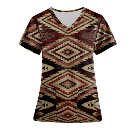 

HAPIMO Nurse Working Uniform for Women Dressy Casual Tunic T-Shirts Short Sleeve Tees V-Neck Pullover Aztec Vintage Ethnic Print Tops Scrub Pocket Blouses Brown M Savings