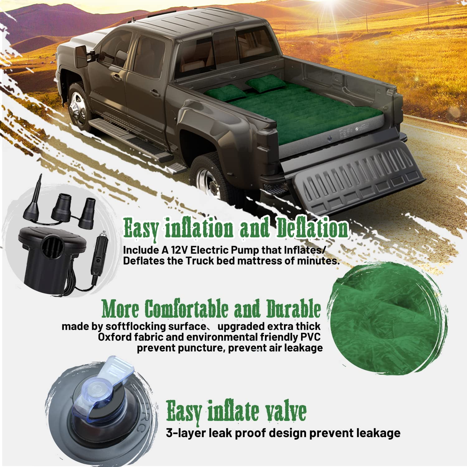 Truck Bed Air Mattress for 5.5'-5.8' Full Size Short Truck Bed Inflatable Camping Mattress with Pump & Carry Bag, Green