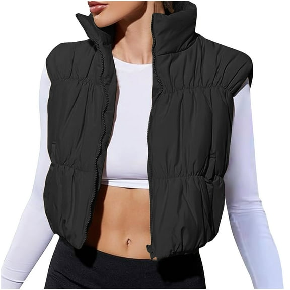 JGGSPWM Women's Crop Puffer Vest Winter Zip Up Lightweight Sleeveless Warm Outerwear Stand Collar Padded Cropped Vest Black L