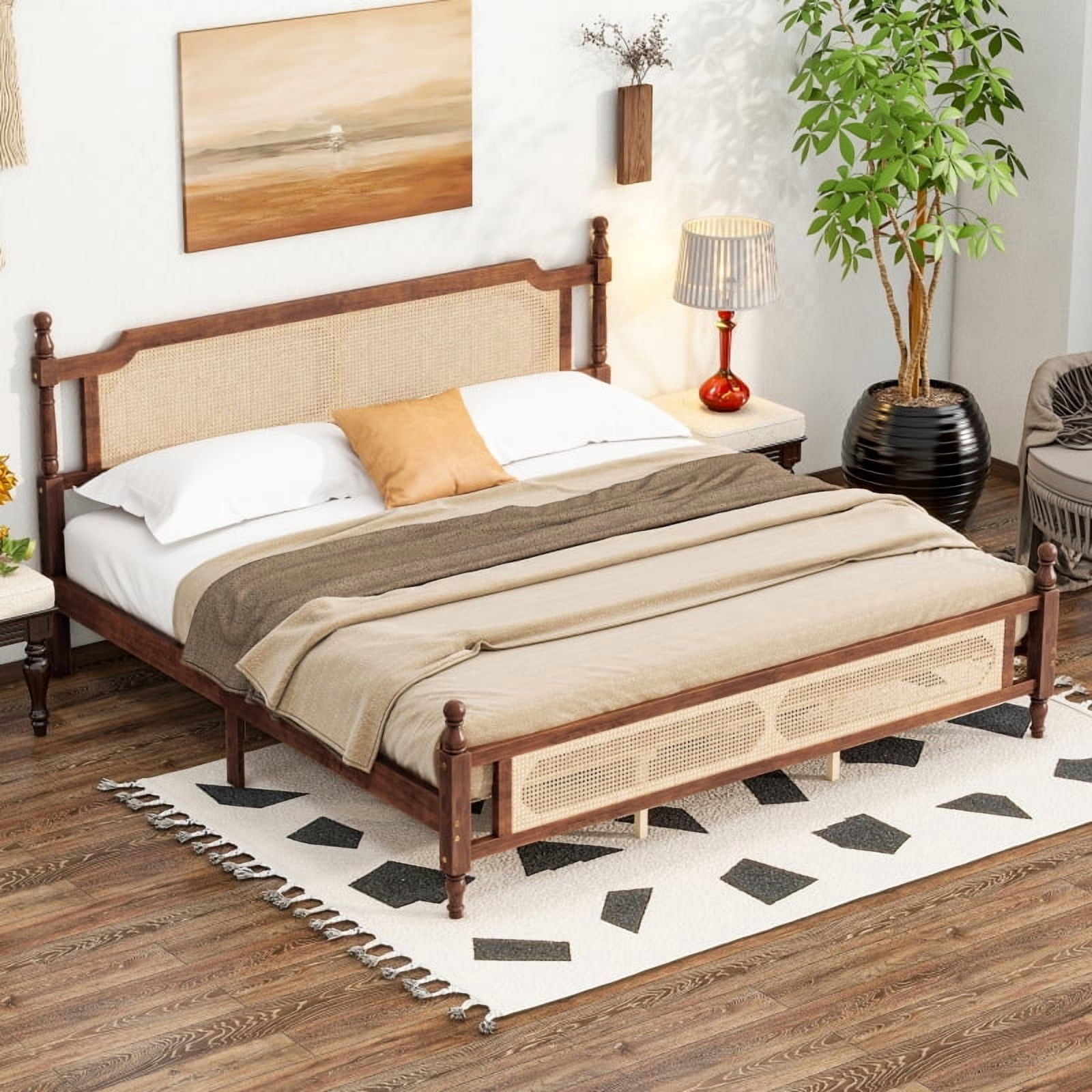 Luckynote King Size Solid Wood Bed Frame, Rustic Design with Rattan Headboard and Footboard, Walnut