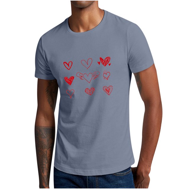 Hombres manga corta casual pareja dibujado a mano corazón impresión cuello redondo pulóver camiseta blusa Pompotops oipoqjl4181