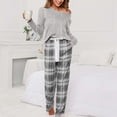 thumbnail image 2 of Conjunto de pijama de manga larga para mujer, pantalones a cuadros con cierre de cordón, jersey, Top transpirable, conjunto de ropa de descanso de 2 piezas, gris L, 2 of 6