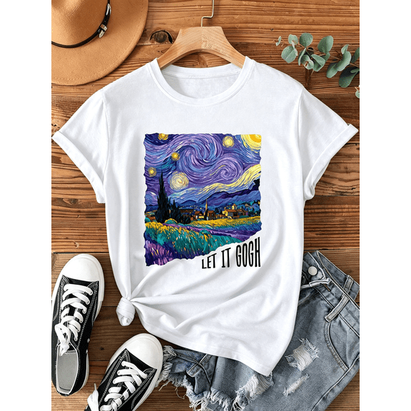 Let It Gogh Funny Starry Night Art Graphic T‑Shirt Women Casual Artist Short Sleeve Tee