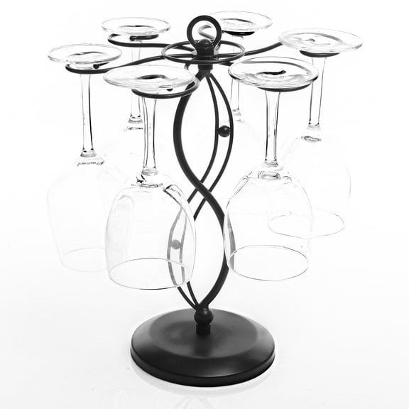 MyGift Scrollwork Black Metal Tabletop Stemware Storage Rack with 6 Hooks