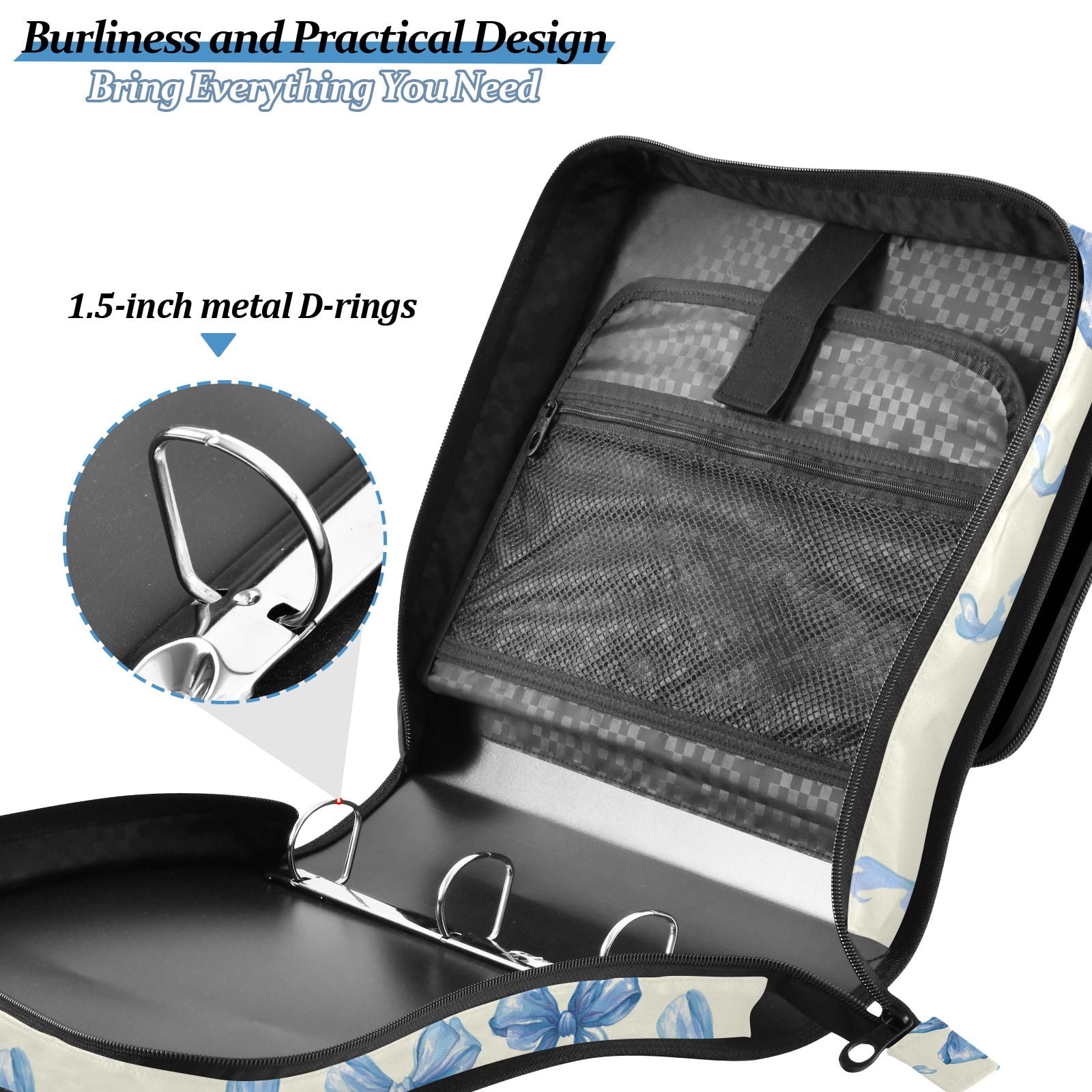Zipper Binder Bow 1.5 Inch Binder Folder Bag with Shoulder Strap and Handle
