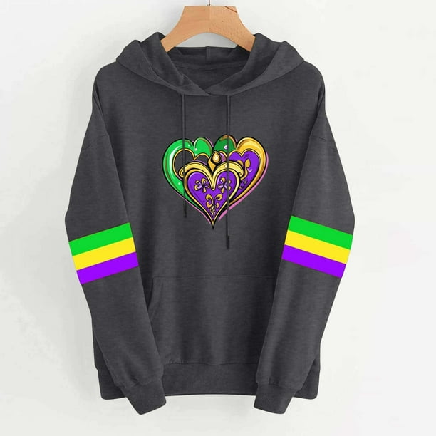 Uootdi Mardi Gras Womens Drawstring Hoodies for Women Carnival Crewneck Heart Print Hooded Long Sleeve Pullover Festive Color Block Loose Sweatshirts Gift