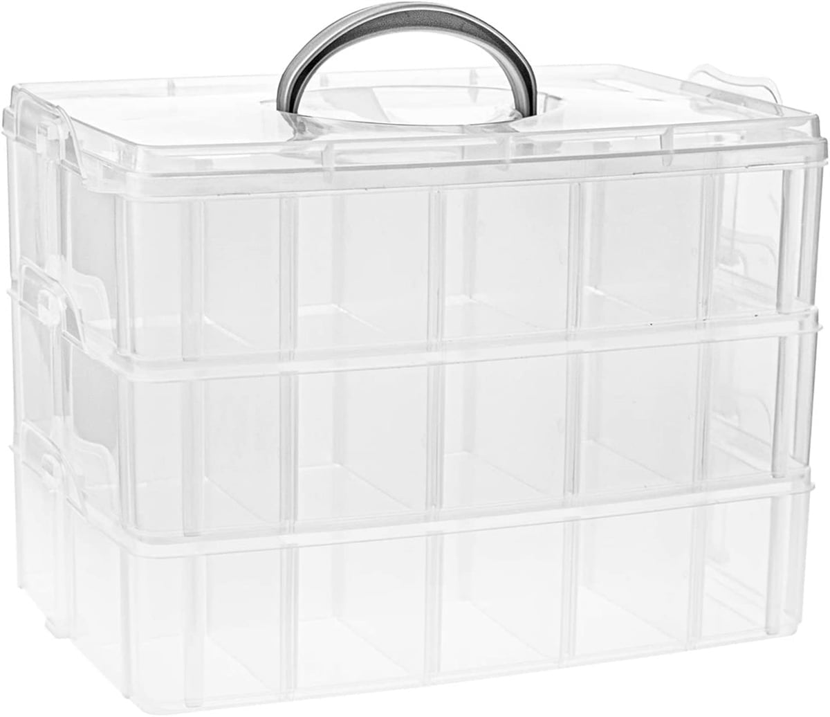 Casewin Clear 3-Tier Stackable Storage Box Organizer with 30 Adjustable Compartments, Plastic Craft Organizer Case Tool Storage Container Bins for Jewelry Beads Arts and Crafts Beauty Supplies