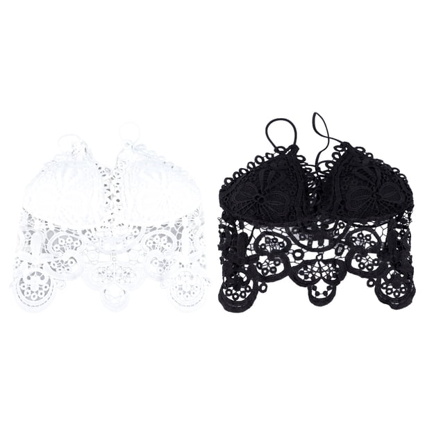 2 piezas de camiseta sin mangas de encaje de crochet para mujer, con escote en V profundo, con espalda embellecida, camiseta sin mangas corta en blanco y negro, talla única