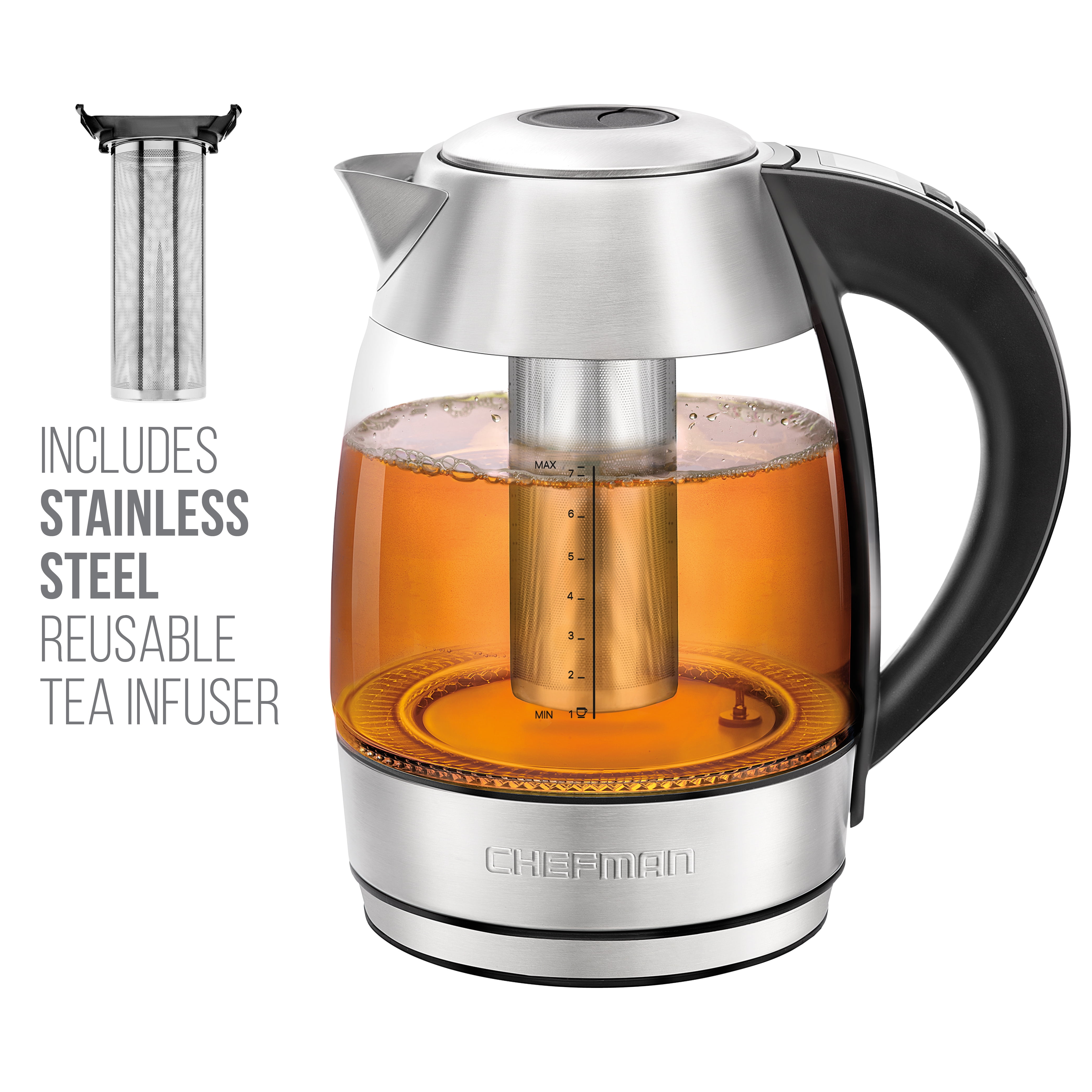 Chefman Electric Glass Kettle W/ Tea Infuser, Stainless Steel, 1.8 Liters