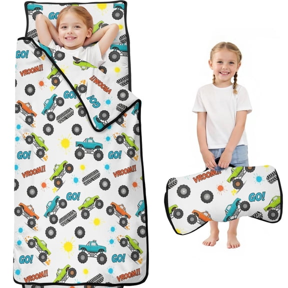 Monster Cartoon Truck Gray Pattern Teens Toddler Nap Mat with Pillow, Sleeping Mat Bag for Preschool Daycare 59"x22"