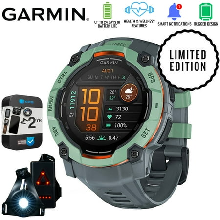 Garmin Instinct 3 50mm Outdoor GPS Smartwatch, AMOLED, Neo Tropic with Twilight Band 010-03020-01 Bundle with 2 Year Extended Warranty & Deco Essentials Wearable Safety Light