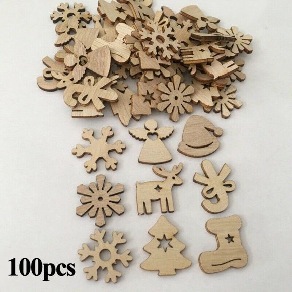 100Pcs Christmas Snowflakes Wooden Pendants Xmas Tree Ornaments Home Hanging Decor