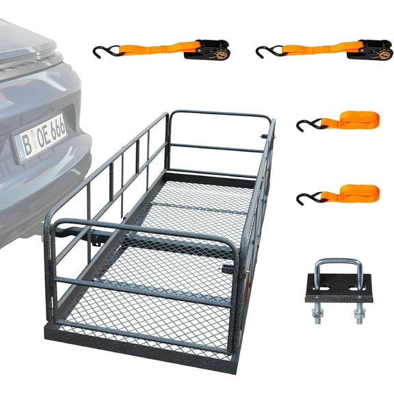 TUFFIOM 60"x24"x14" Folding Hitch Mount Cargo Carrier Basket, Upgraded 14" Height 500lbs Steel Car Cargo Trailer Hitch Luggage Rack with Straps & Stabilizer for SUV Car Truck Van