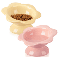 2 Pack Ceramic Raised Cat Bowls Flower Shaped Cat Food Dish Stress Free on Neck and Spine Dishwasher Safe Feeding Bowls for Small Kitten