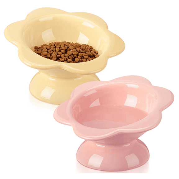 2 Pack Ceramic Raised Cat Bowls Flower Shaped Cat Food Dish Stress Free on Neck and Spine Dishwasher Safe Feeding Bowls for Small Kitten