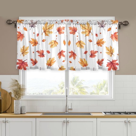 Yayeee Kitchen Curtains Set of 2 Light Filtering 57"x24" Over Sink Window Panels, Watercolor Autumn Leaves
