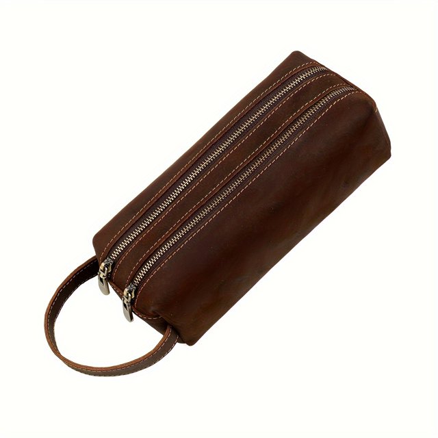 QJUHUNG Sac à Main Rétro Classique pour Hommes en Cuir Véritable de Cheval Fou, Sac de Rangement à Double Fermeture Éclair pour Stylo, Rasoir, Brosse, Sac Poignet en Cuir de Vache Pleine Fleur