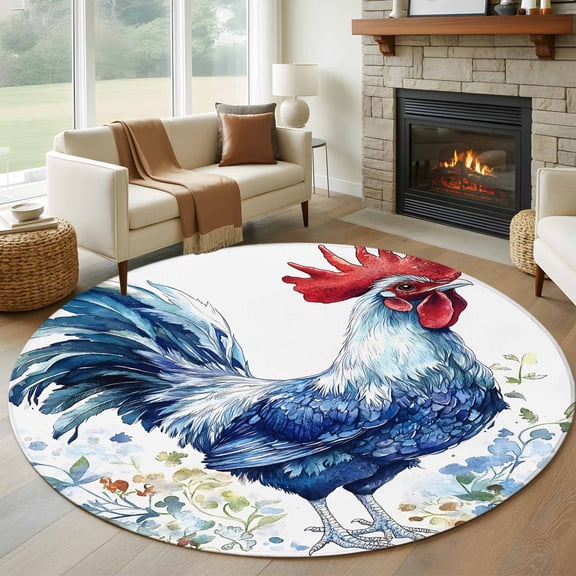 Round Rugs 5Ft, Blue Vintage Rooster Round Area Rug Washable Indoor Throw Carpet, Spring Floral Elegant Animals Soft Non Slip Circle Rug for Cabinet Bathroom Home Decor Aesthetic