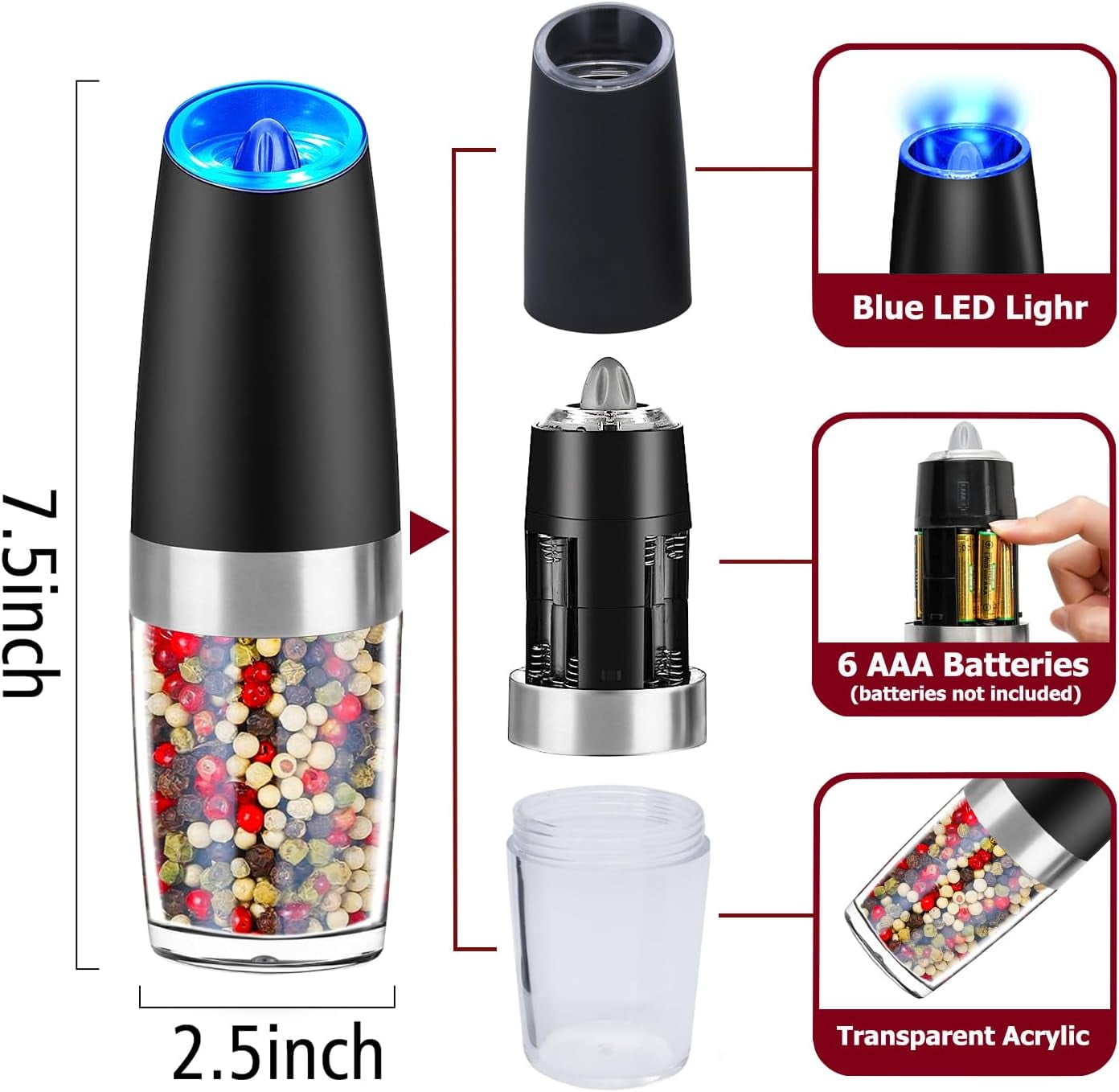 Gravity Electric Pepper and Salt Grinder Set, Adjustable Coarseness, Battery Powered with LED Light, One Hand Automatic Operation, Stainless Steel Black, 2 Pack