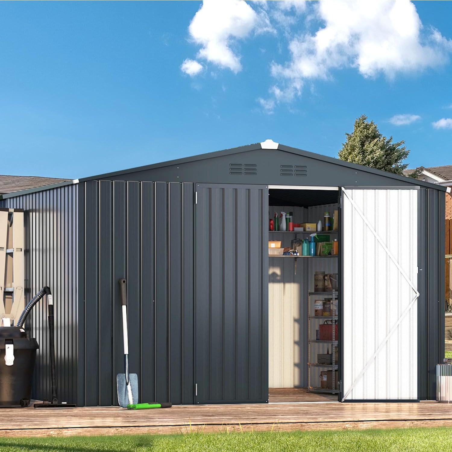 AECOJOY 12' x 10' Outdoor Storage Shed with Lockable Door Patio Metal Garden Storage Building in Dark Gray for Outside