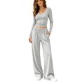thumbnail image 2 of DYTTDG Women’s 2‑Piece Outfit Set, V‑Neck Long Sleeve Crop Top & Drawstring Elastic Waist Wide Leg Pants with Side Pockets, Solid‑Color Casual Loungewear Suit for Fall Winter Daily, 2 of 8