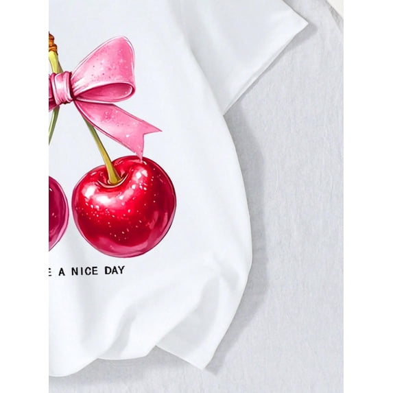 Tween Girl Cherry Fruit Print Have A Nice Day Letter Round Neck Short Sleeve T-Shirt, Cotton T-Shirt - Soft Stretchy Loose Fit Tee, Breathable Round Neck Casual Top, Comfortable Fit