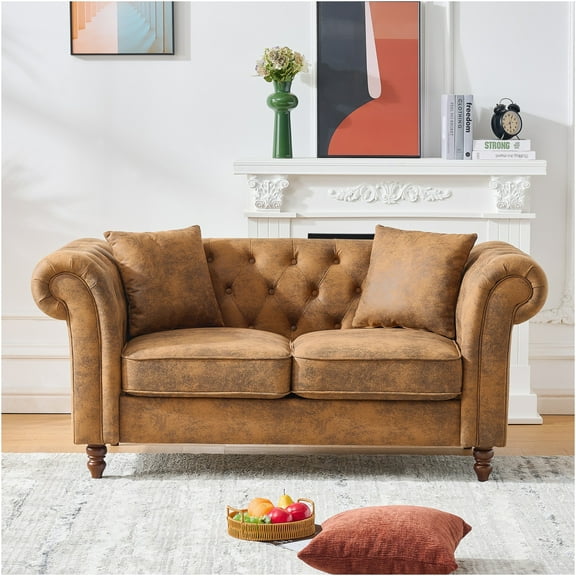 JERFIT Chesterfield Sofa 2 Seater Couch, Modern Roll Arm Upholstered Tech Fabric Loveseat for Living Room, Apartment, Office, Brown