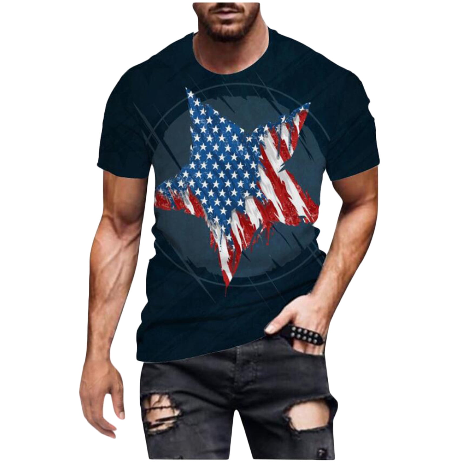 Mens T-Shirt USA Flag Graphic Printed Sports Tops Male Workout Muscle T Shirts