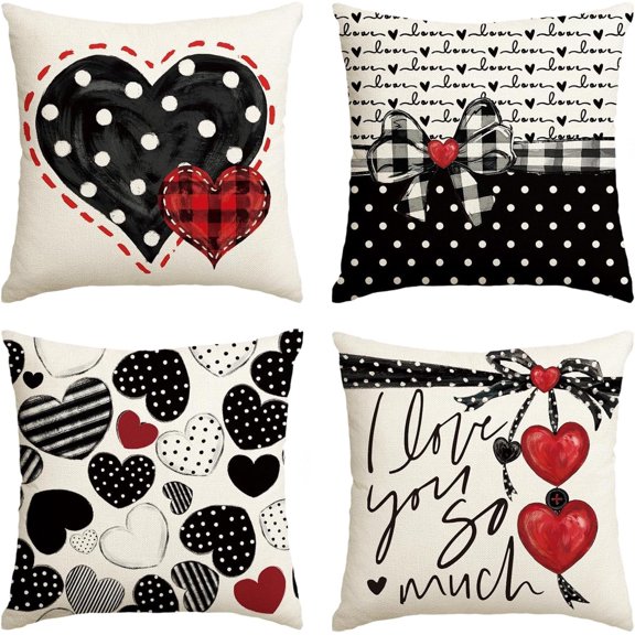 Valentine''s Day I Love You So Much Black Heart Throw Pillow Covers, 20 x 20 Inch Wedding Cushion Case Decoration for Sofa Couch Set of 4