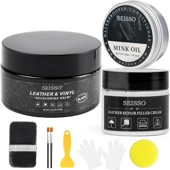 SEISSO Leather Recoloring Balm Black, Mink Oil Leather Conditioner & Leather Filler Cream, Leather and Vinyl Repair Kit for Furniture, Restore Couches, Car Seats, Sofa, Purse, Scratch, Peeling