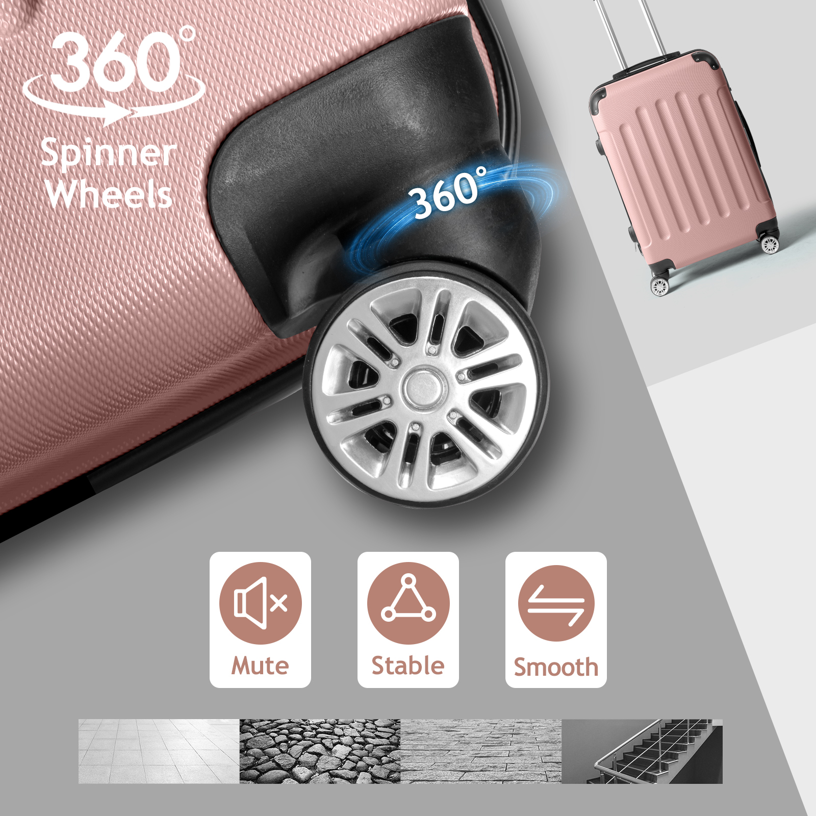 Zimtown Hardside Lightweight Spinner Rose Gold 3 Piece Luggage Set with TSA Lock - image 4 of 10