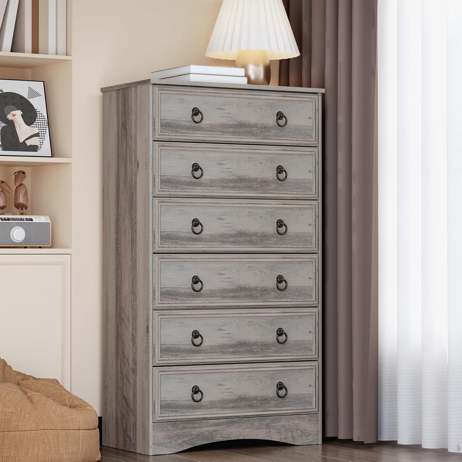 VVFLU Farmhouse 6 Drawers Dresser for Bedroom, Gray 52" Tall Dressers Chest of Drawer, Wooden Vertical Dresser for Bedroom Hallway
