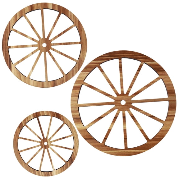 FUYGRCJ 3PCS 12/10/8inch Wooden Wagon Wheel Wall Decor with Triangular Hook, Wood Wagon Wheel Wall Art, Vintage Old Western Style Wall Hanging Wood Wagon Wheel for Bar, Garage, Patio Yard