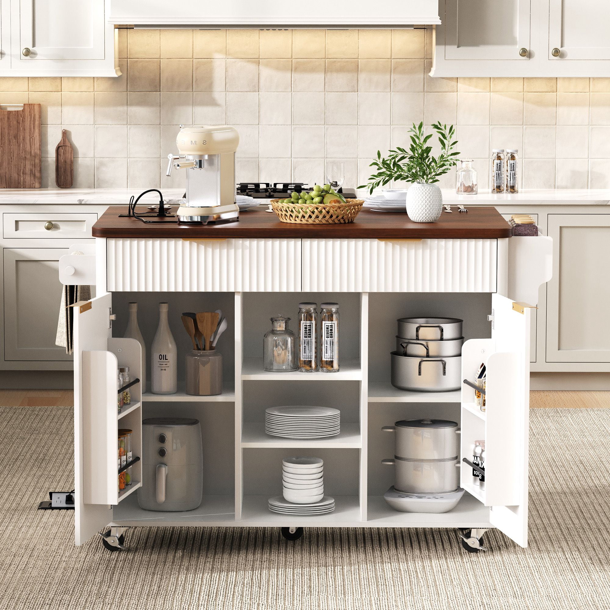 Alvantor 52" Fluted Kitchen Island with Drop Leaf, Power Outlet, Drawers, White