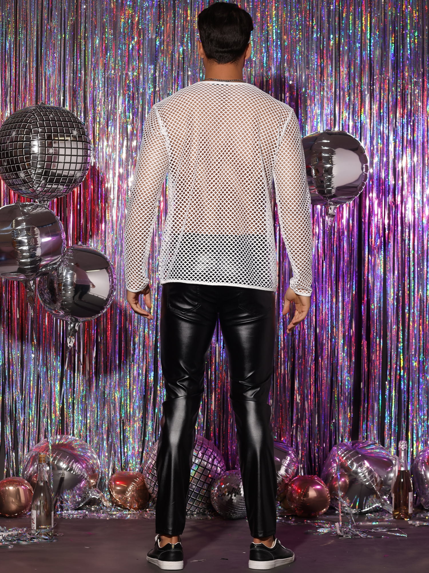 Unique Bargains Men's Mesh T-Shirt Long Sleeves Club Party See Through Sheer Top Tee M White