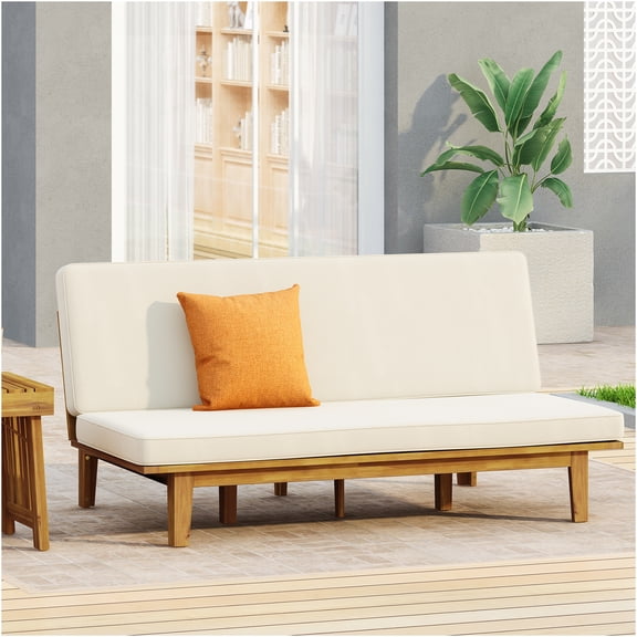 JERFIT Acacia Wood Daybed with Cushions, Convertible Outdoor Bench to Bed, Beige Patio Sofa for Garden, Porch