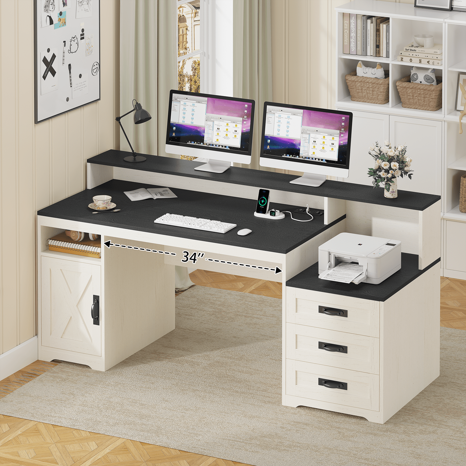 Farmhouse Computer Desk with Drawers, 65'' Home Office Desk with Power Outlets, Storage Cabinet and Printer Stand, Study Writing Desks with Long Monitor Stand, Black and White