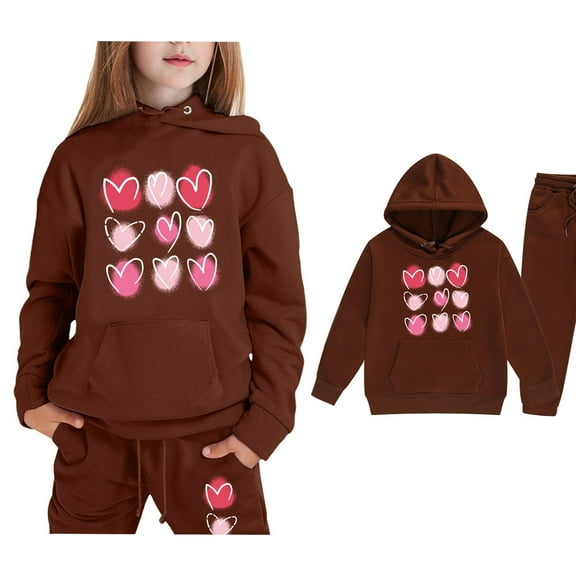 LIUYUNNN Kids Toddler Sweatsuit 2 Piece Long Sleeve Pullover Brown Heart Hoodie and Jogger Pants Fall Clothes Girls Size 4-5 Years Clothes Boys Girls Autumn and Winter Outfits