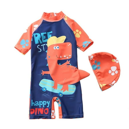 

Esho Little Boys One Piece Swimsuit Baby Cute Cartoon Dinosaur Bathing Suit with Swim Cap 1-7Y