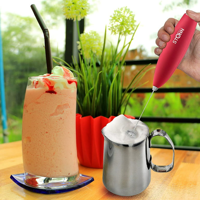 Electric Milk Frother Handheld for Drink Mixer Battery Operated, Latte,  Coffee, Foam and Cappuccino Maker - Includes Stainless Steel Stand Red