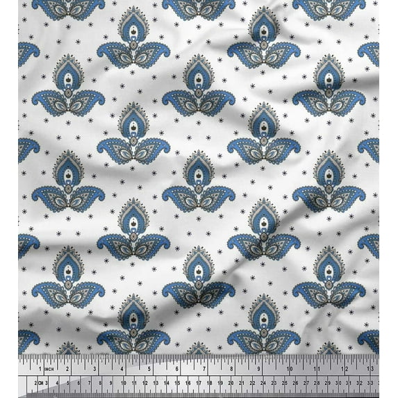 Soimoi Blue polyester Crepe Fabric Floral & Paisley Decor Fabric Printed Yard 42 Inch Wide