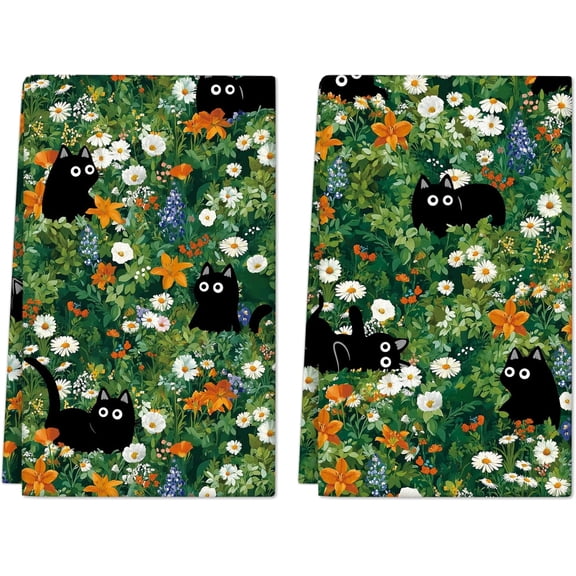 Cute Black Cat Kitchen Towels Set of 2 Floral Absorbent Hand Towels Decorative Dish Towels for Kitchen Home Housewarming Gifts